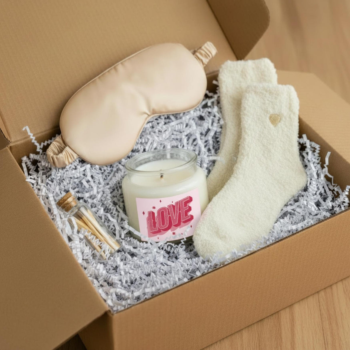 Satin Sleep Mask & Cozy Socks Set - Lavender Candle and Matches Included