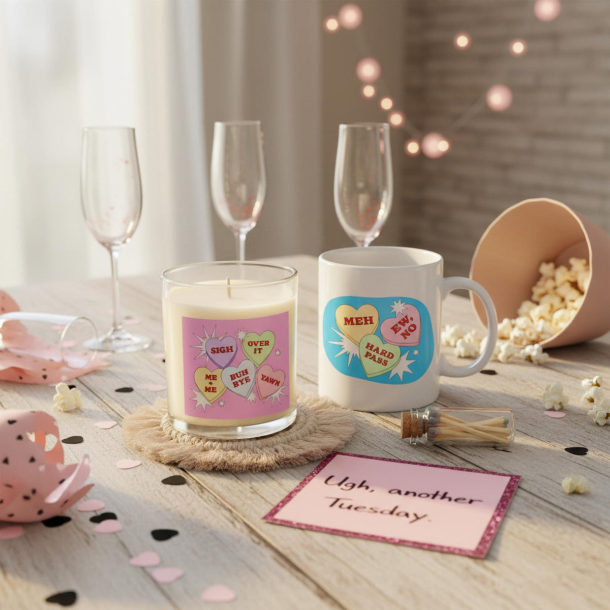 Anti-Valentine’s Day Candle & Mug Set, Snarky Candy Hearts (Sassy Self-Love)