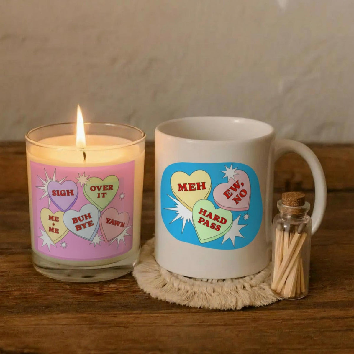 Anti-Valentine’s Day Candle & Mug Set, Snarky Candy Hearts (Sassy Self-Love)
