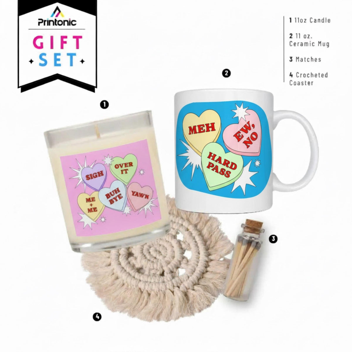 Anti-Valentine’s Day Candle & Mug Set, Snarky Candy Hearts (Sassy Self-Love)