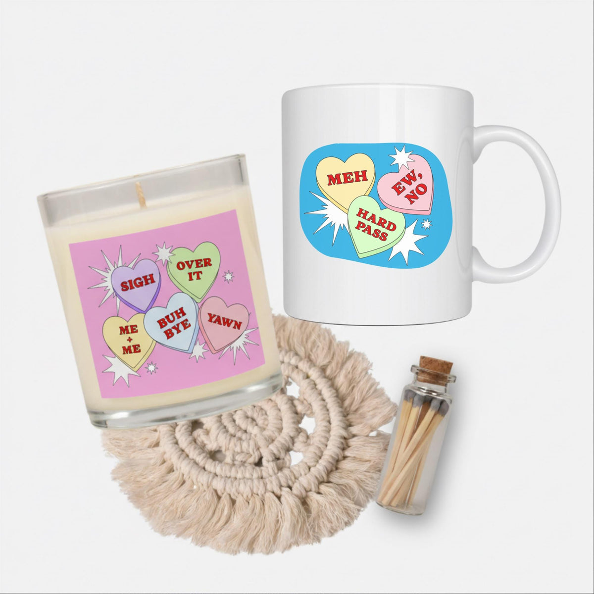 Anti-Valentine’s Day Candle & Mug Set, Snarky Candy Hearts (Sassy Self-Love)