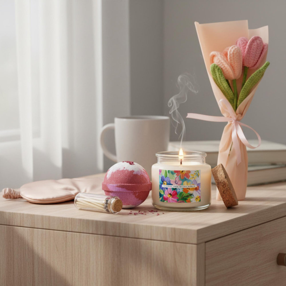 Relaxing Mother's Day Spa Gift Box - Crochet Flowers & Soy Candle