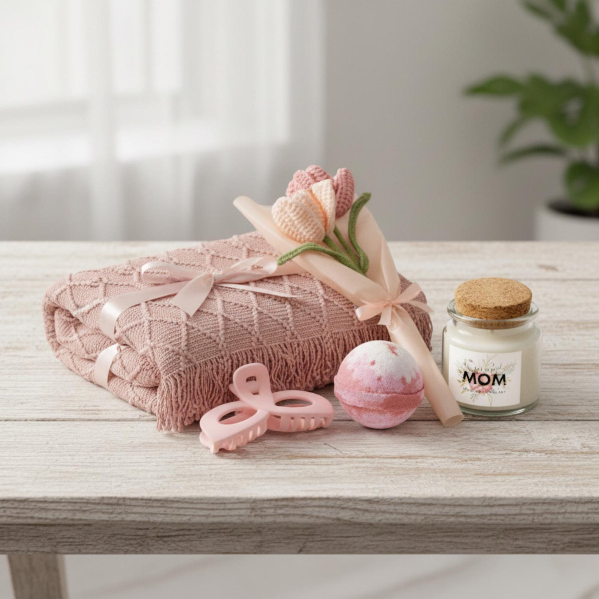 Spa Gift Set: Crochet Flowers, Lavender Candle - Cozy Blush Blanket