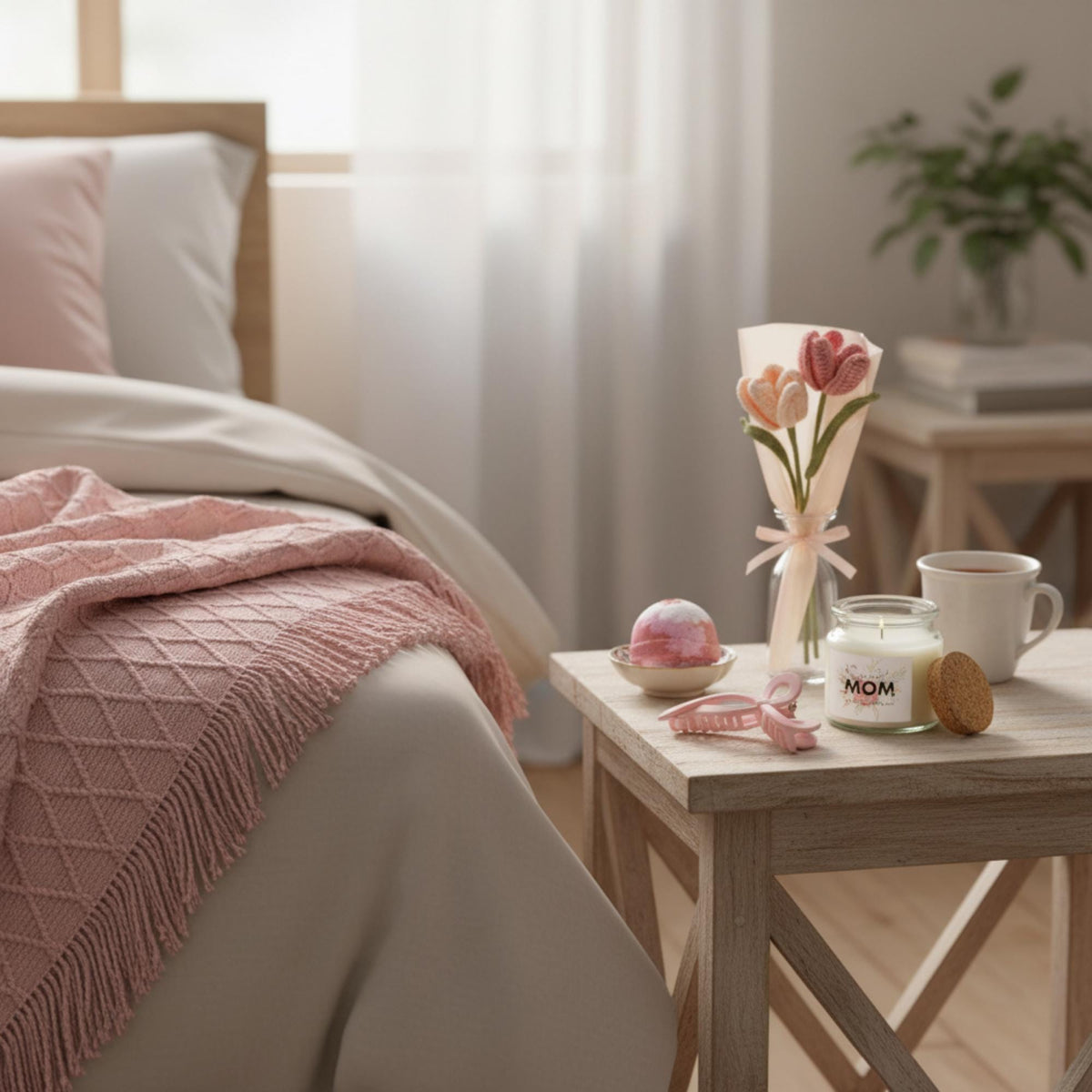 Spa Gift Set: Crochet Flowers, Lavender Candle - Cozy Blush Blanket