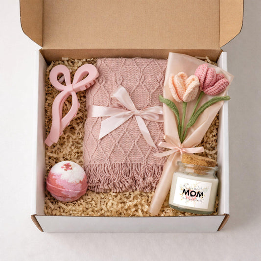 Spa Gift Set: Crochet Flowers, Lavender Candle - Cozy Blush Blanket