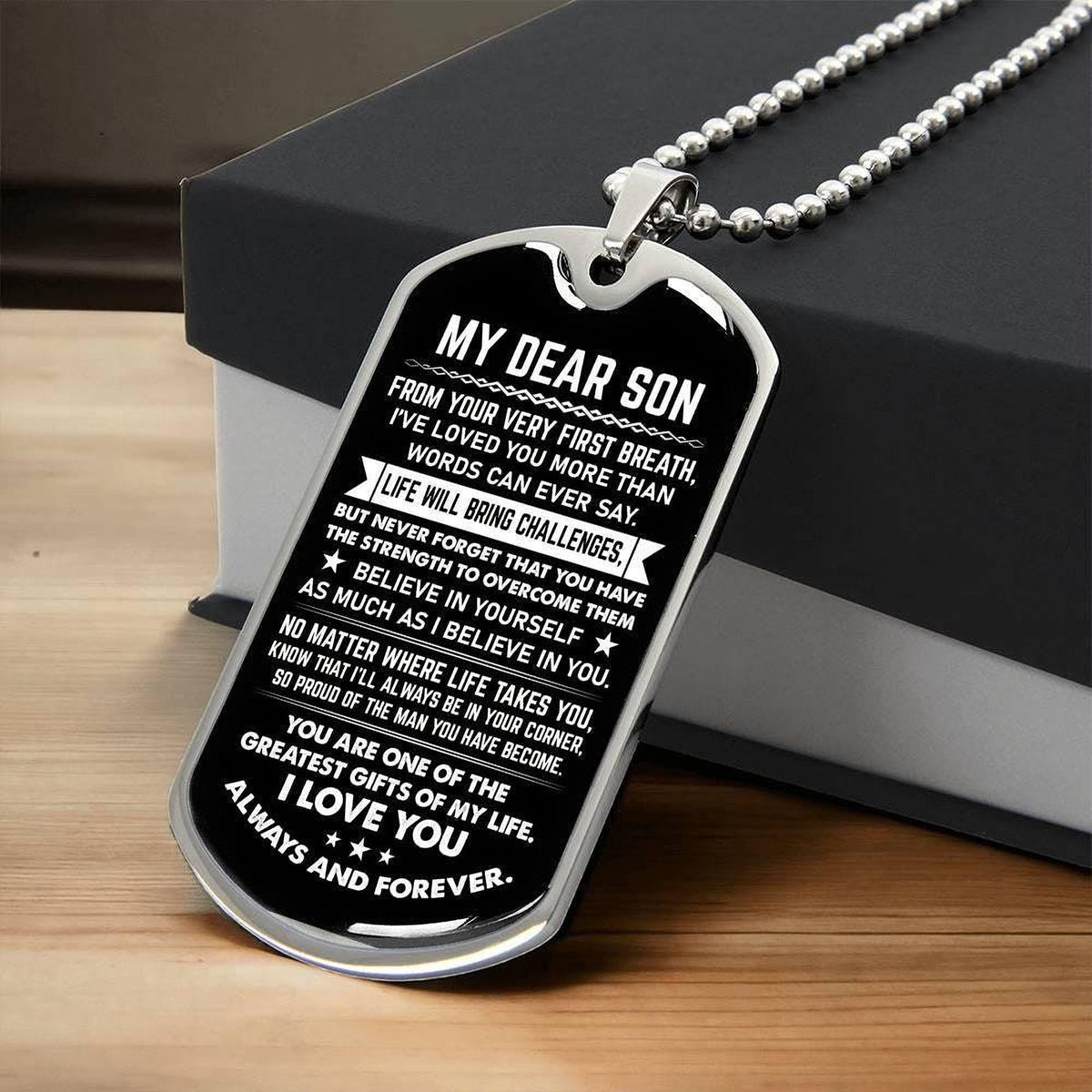 Personalized Son Necklace: Engraved Dog Tag - Military Style Chain