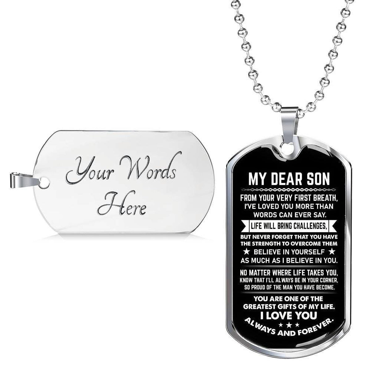 Personalized Son Necklace: Engraved Dog Tag - Military Style Chain