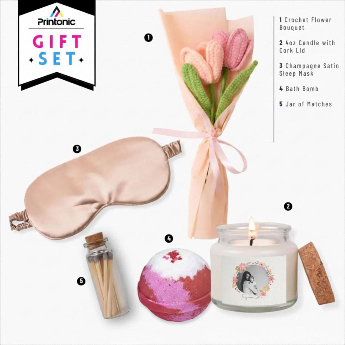 Personalized Photo Candle Gift Set: Crochet Flowers, Spa Kit