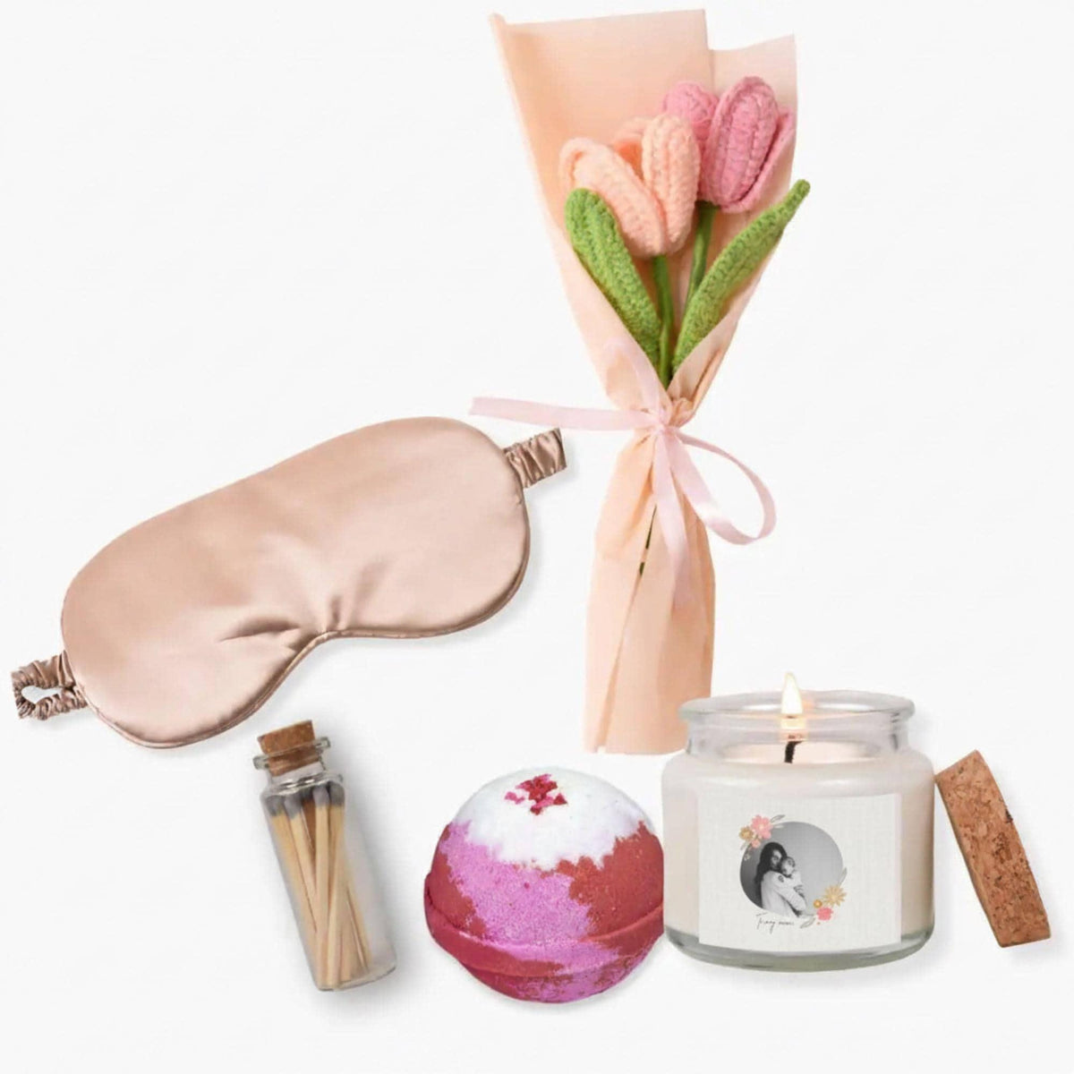 Personalized Photo Candle Gift Set: Crochet Flowers, Spa Kit