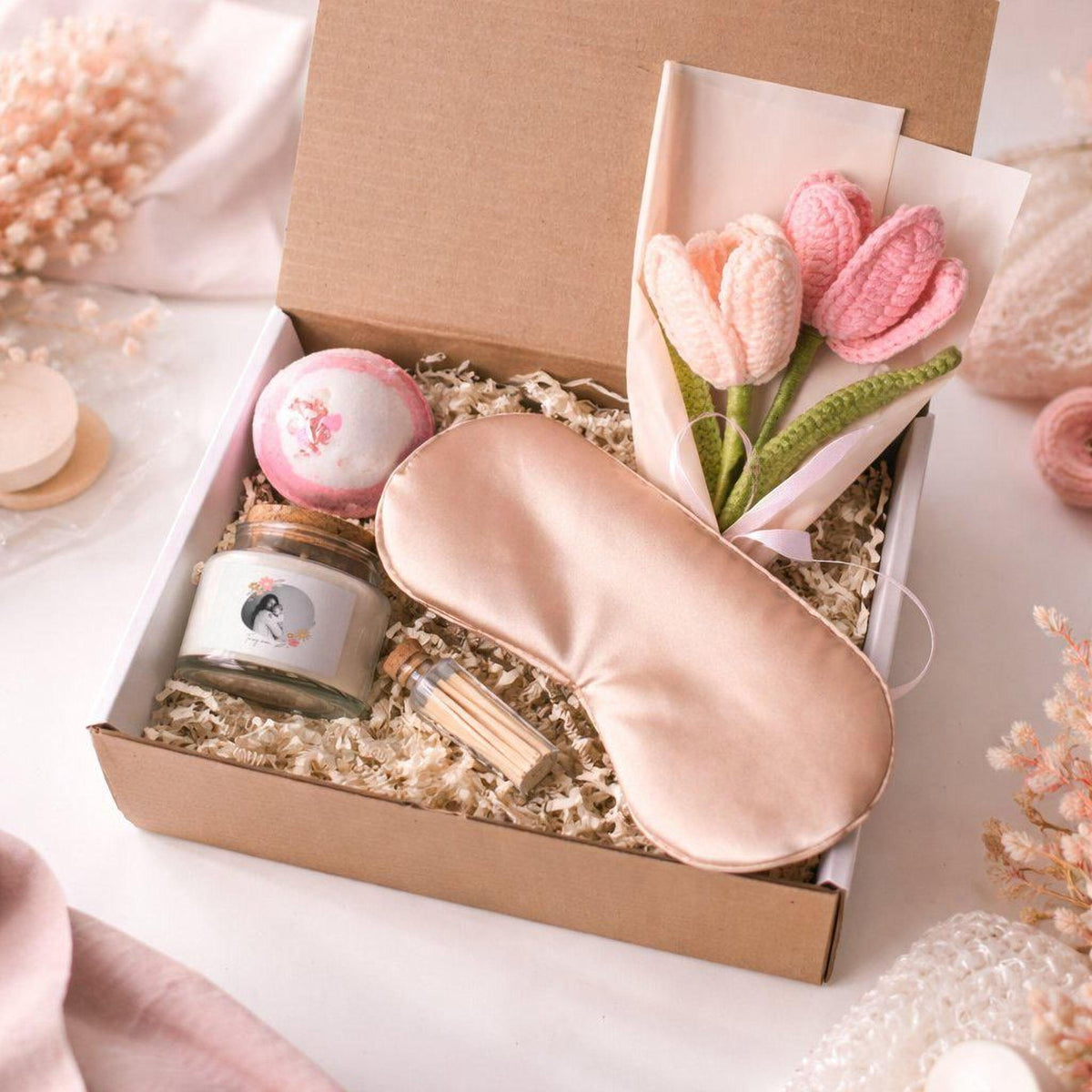 Personalized Photo Candle Gift Set: Crochet Flowers, Spa Kit