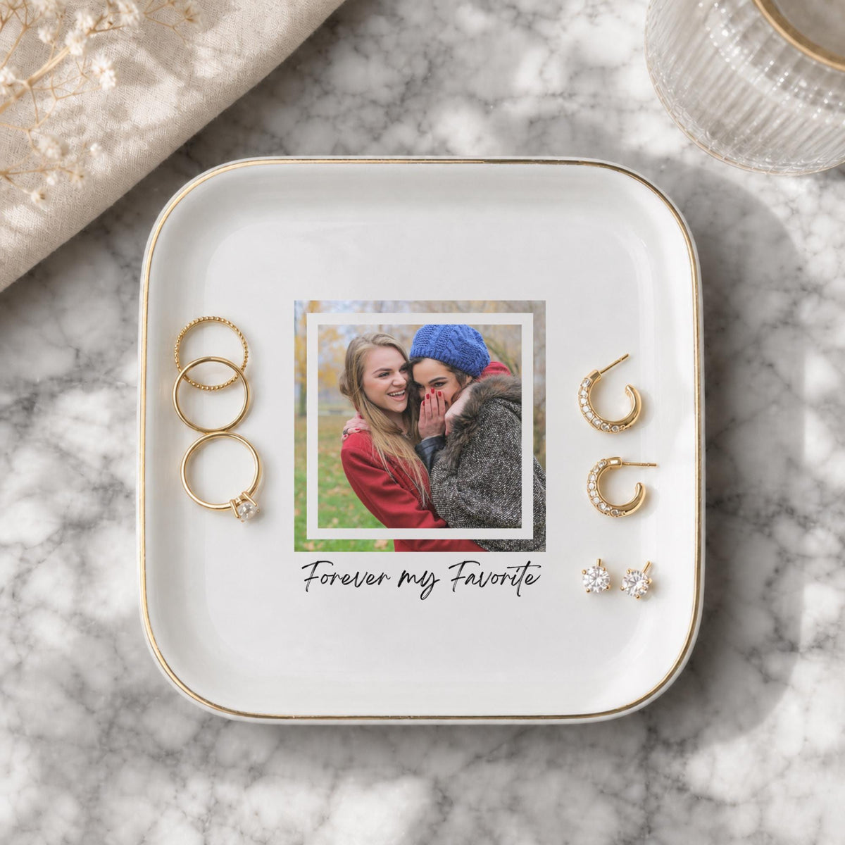 Forever My Favorite Ring Dish, Custom Photo Trinket Dish for Best Friend, Personalized Jewelry Dish, Sentimental BFF Gift, Gold Rim