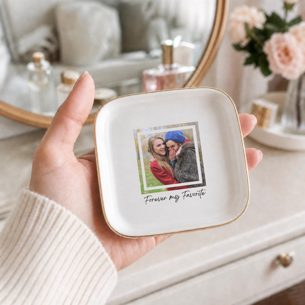 Forever My Favorite Ring Dish, Custom Photo Trinket Dish for Best Friend, Personalized Jewelry Dish, Sentimental BFF Gift, Gold Rim