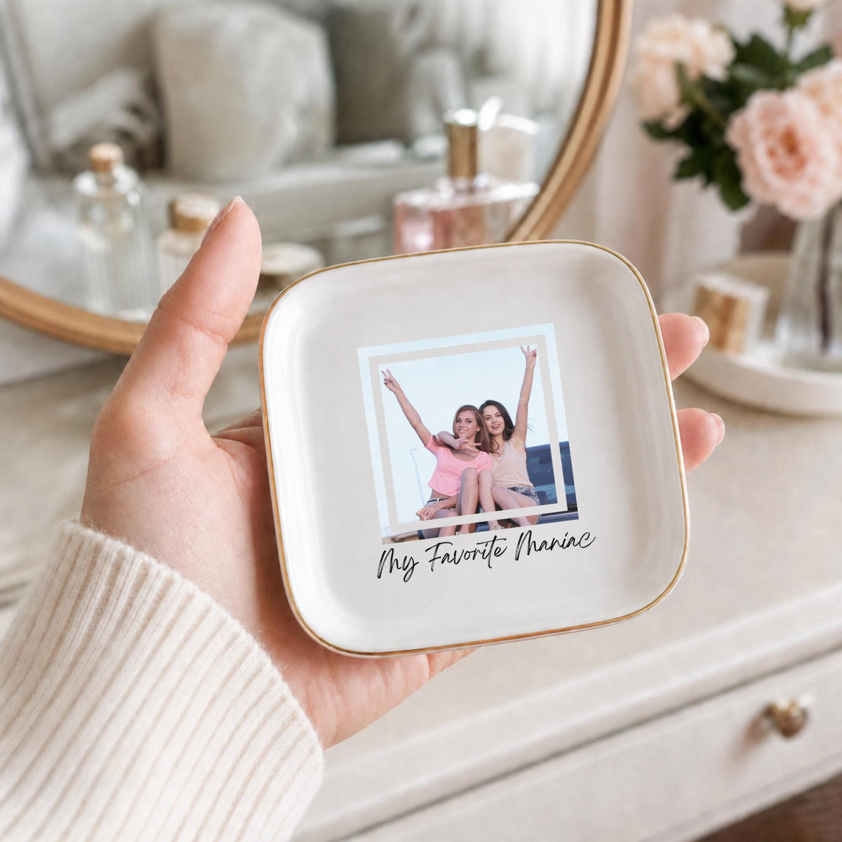 My Favorite Maniac Ring Dish, Funny Custom Photo Trinket Dish, Personalized Best Friend Gift, Gold Rim Jewelry Dish for Bestie Gift