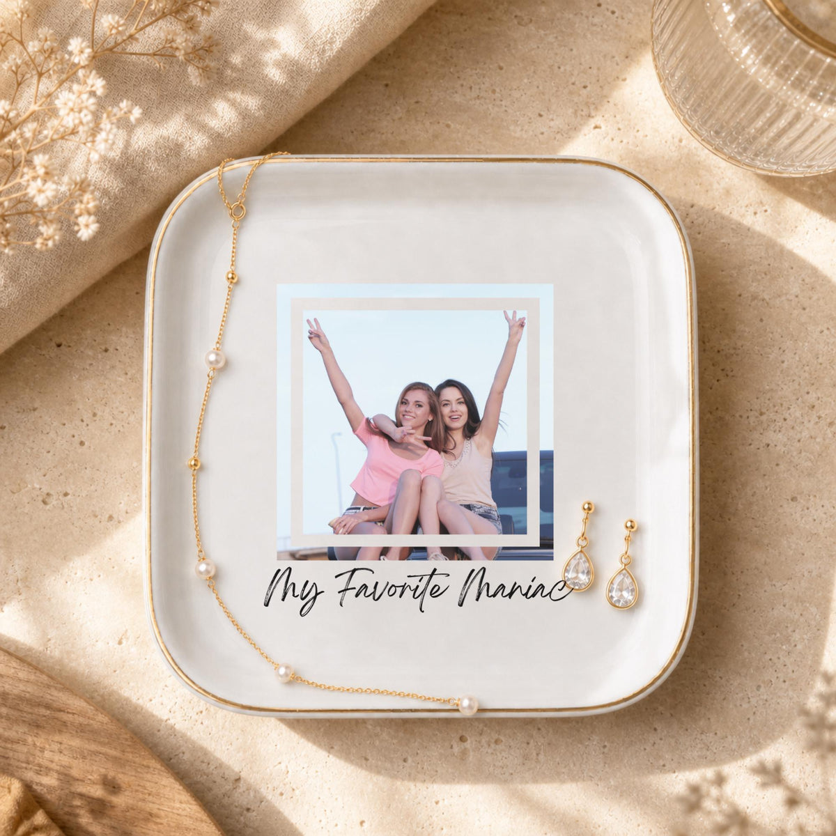 My Favorite Maniac Ring Dish, Funny Custom Photo Trinket Dish, Personalized Best Friend Gift, Gold Rim Jewelry Dish for Bestie Gift
