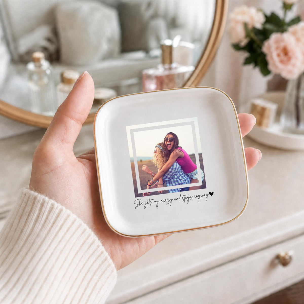 She Gets My Crazy Ring Dish, Funny Custom Photo Best Friend Gift, Personalized BFF Jewelry Dish, Gold Rim Trinket Dish, Soul Sister Gift