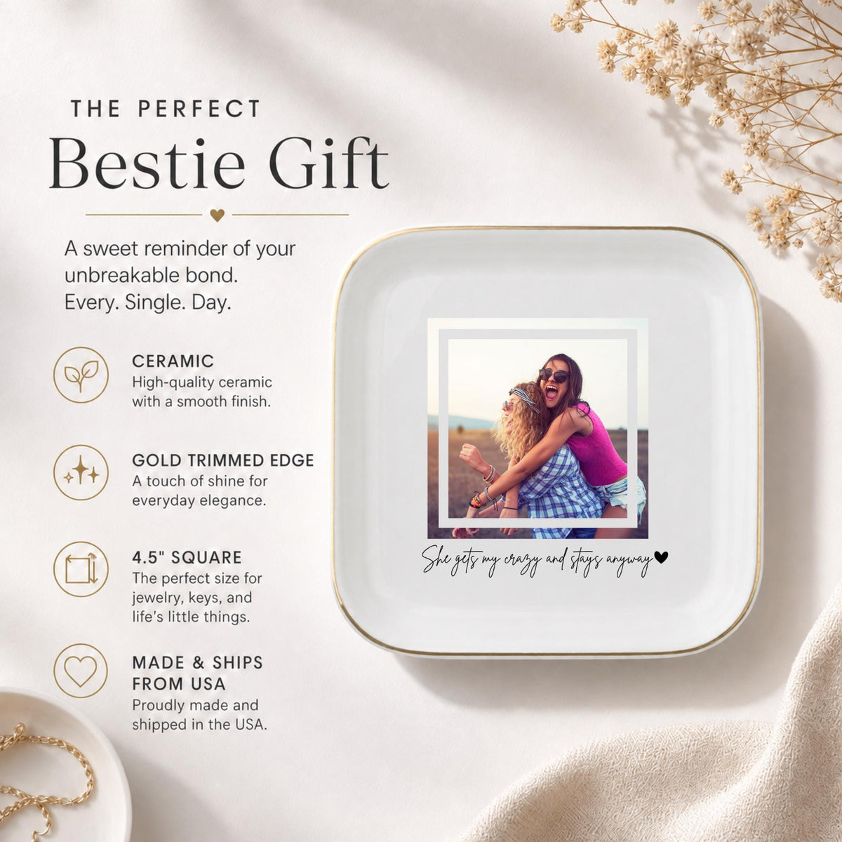 She Gets My Crazy Ring Dish, Funny Custom Photo Best Friend Gift, Personalized BFF Jewelry Dish, Gold Rim Trinket Dish, Soul Sister Gift