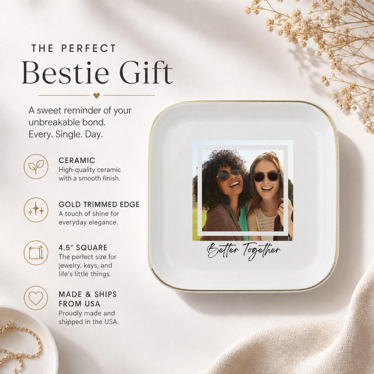 Better Together Ring Dish, Custom Photo Trinket Dish for Best Friends, Personalized Jewelry Dish, Matching BFF Gift, Gold Rim Jewelry Dish
