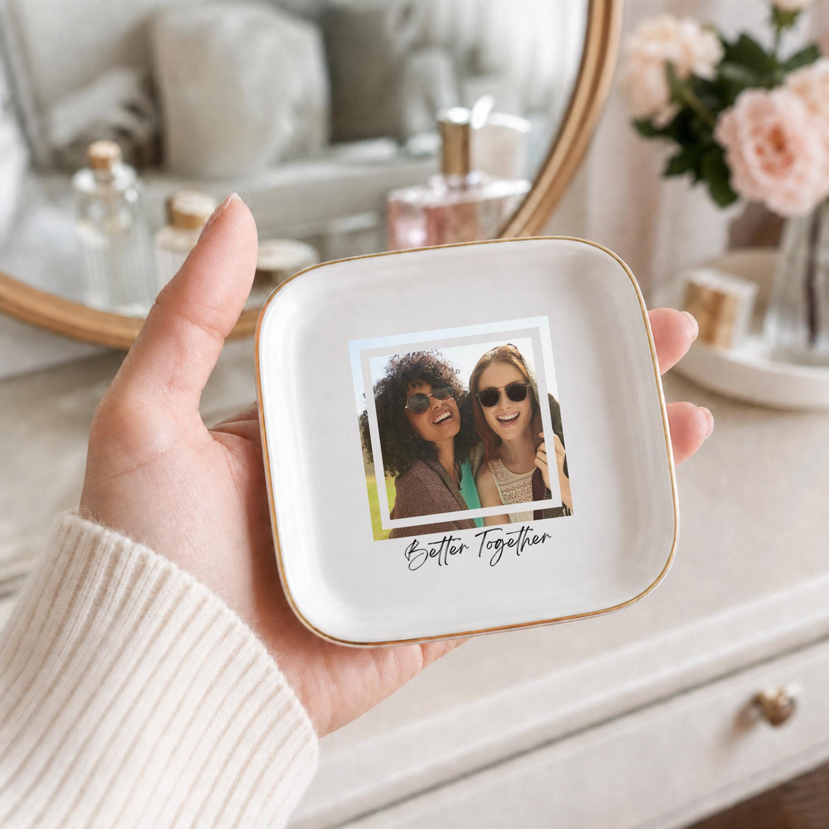 Better Together Ring Dish, Custom Photo Trinket Dish for Best Friends, Personalized Jewelry Dish, Matching BFF Gift, Gold Rim Jewelry Dish