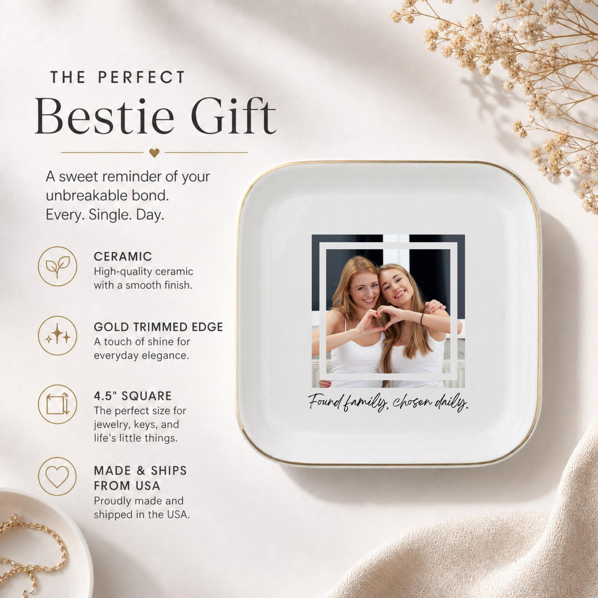 Found Family Chosen Daily Ring Dish, Custom Photo Trinket Dish for Best Friend, Personalized Jewelry Dish, Meaningful BFF Gift, Gold Rim