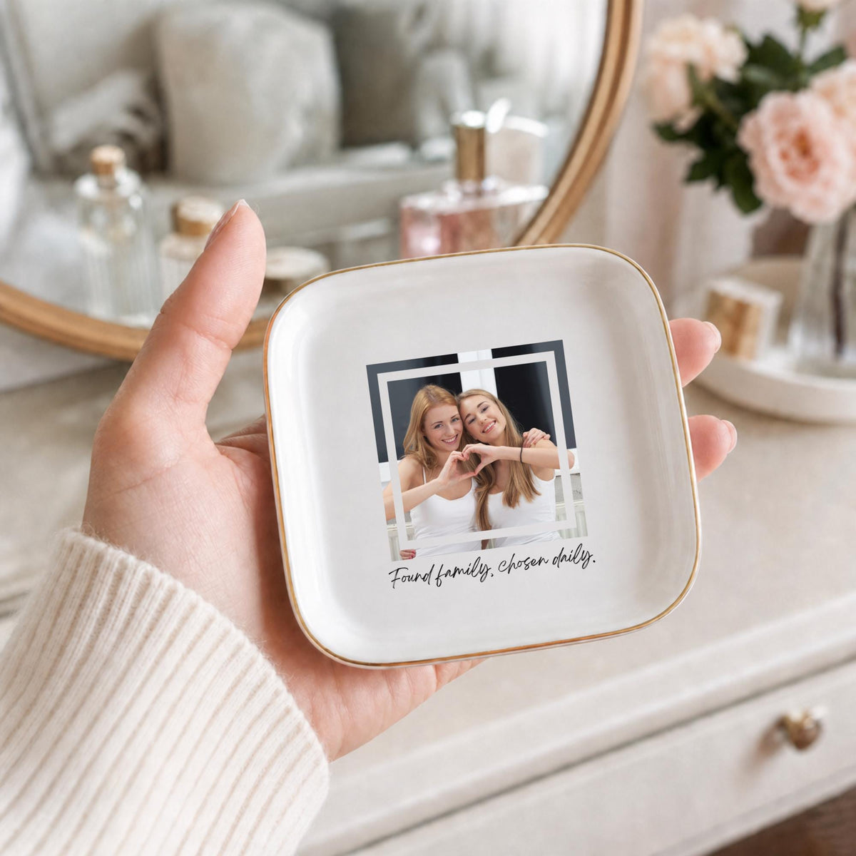 Found Family Chosen Daily Ring Dish, Custom Photo Trinket Dish for Best Friend, Personalized Jewelry Dish, Meaningful BFF Gift, Gold Rim