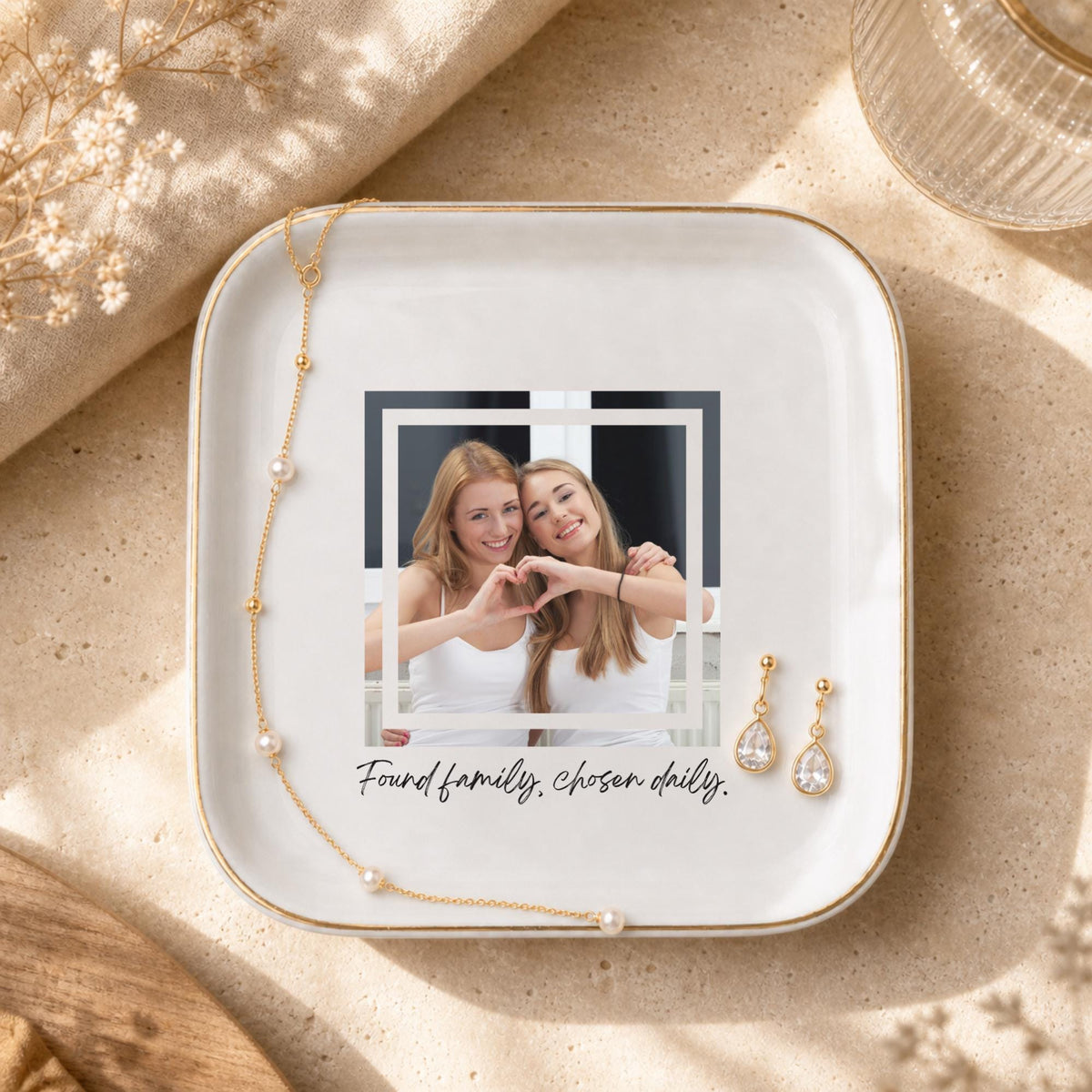 Found Family Chosen Daily Ring Dish, Custom Photo Trinket Dish for Best Friend, Personalized Jewelry Dish, Meaningful BFF Gift, Gold Rim