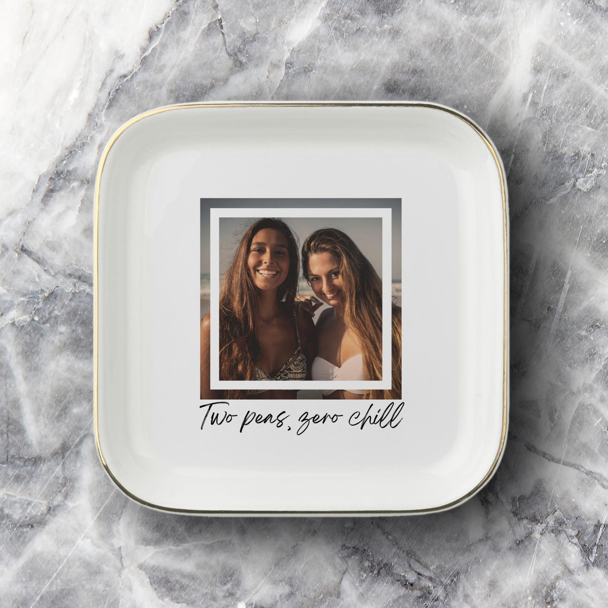 Two Peas Zero Chill Ring Dish, Custom Photo Dish for Best Friend, Personalized BFF Gift, Funny Trinket Dish, Gold Rim Jewelry Dish