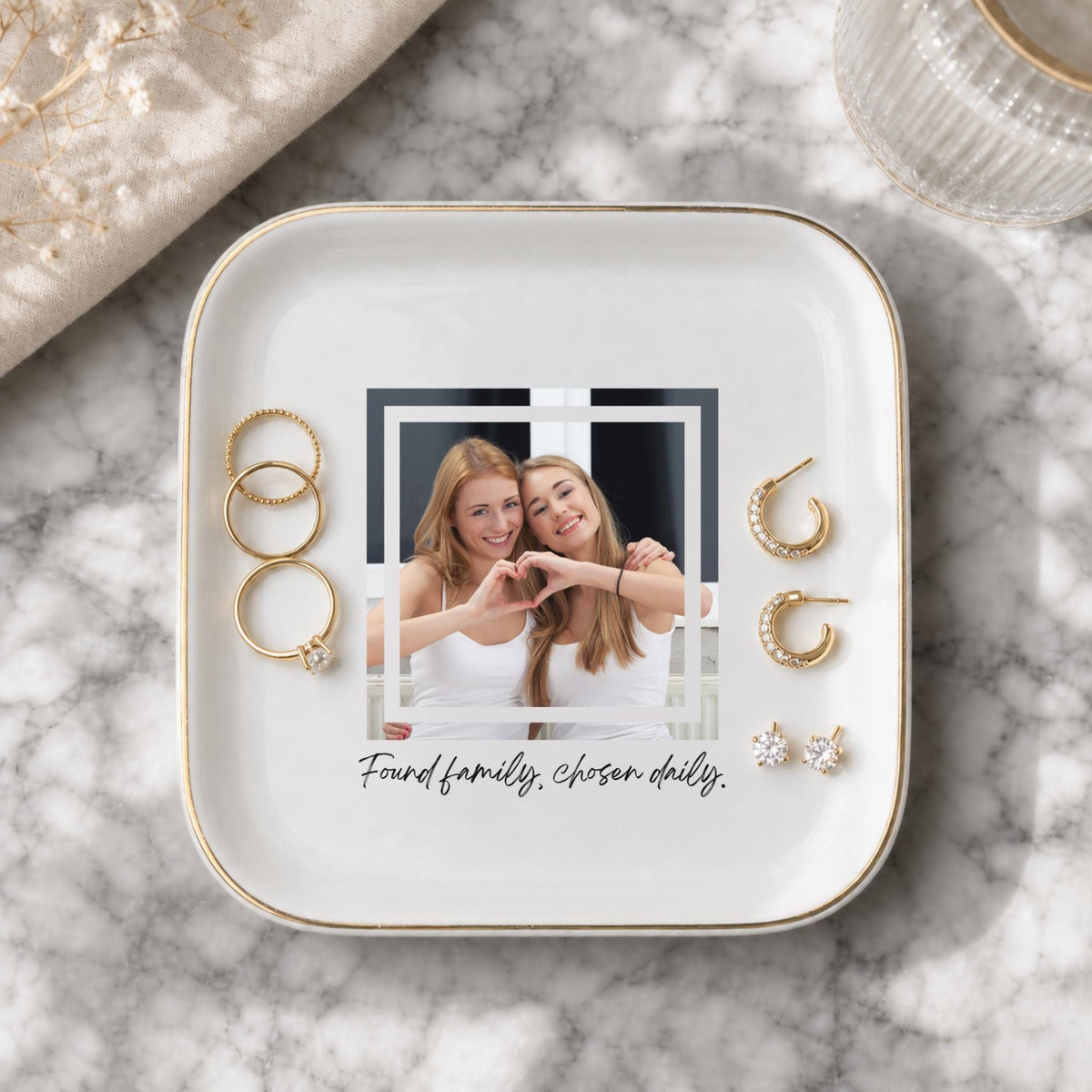 Found Family Chosen Daily Ring Dish, Custom Photo Trinket Dish for Best Friend, Personalized Jewelry Dish, Meaningful BFF Gift, Gold Rim