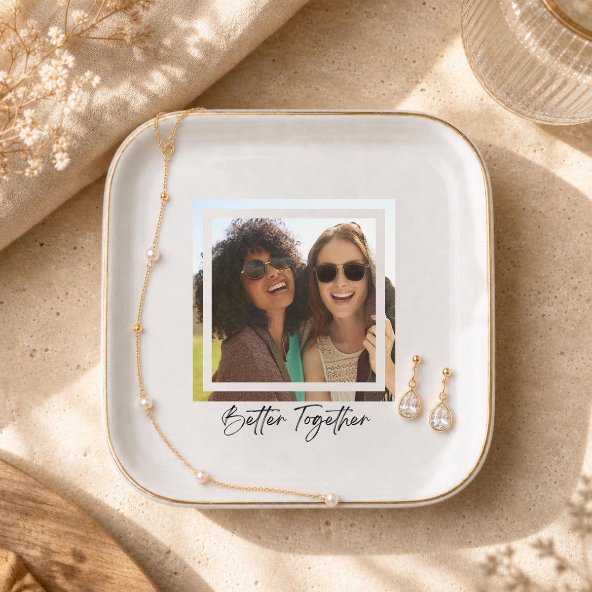 Better Together Ring Dish, Custom Photo Trinket Dish for Best Friends, Personalized Jewelry Dish, Matching BFF Gift, Gold Rim Jewelry Dish