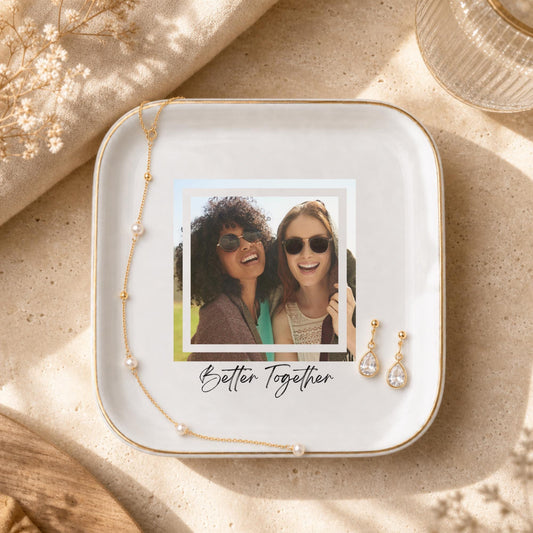 Better Together Ring Dish, Custom Photo Trinket Dish for Best Friends, Personalized Jewelry Dish, Matching BFF Gift, Gold Rim Jewelry Dish