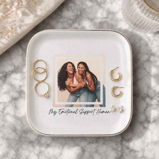 My Emotional Support Human Ring Dish, Bestie Custom Photo Trinket Dish, Personalized Best Friend Gift, Gold Rim Jewelry Dish for BFF