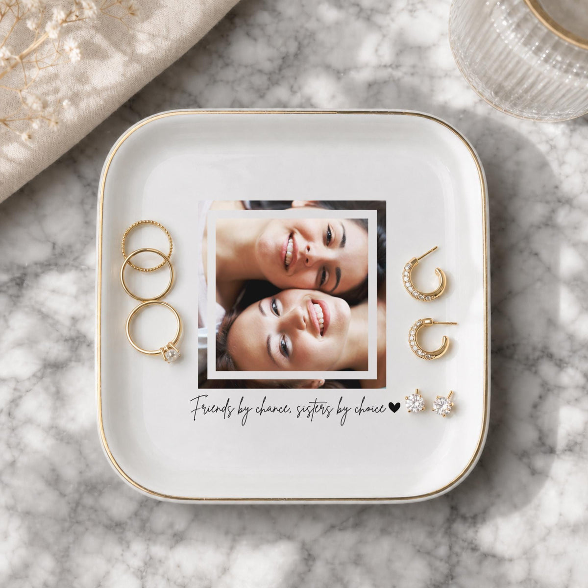 Friends by Chance Sisters by Choice Ring Dish, Custom Photo Trinket Dish, Personalized Best Friend Gift, Gold Rim Jewelry Dish, Soul Sister