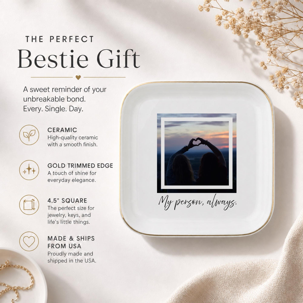 My Person Always Ring Dish, Custom Photo Trinket Dish for Best Friend, Sentimental BFF Gift, Personalized Jewelry Dish, Gold Rim Gift