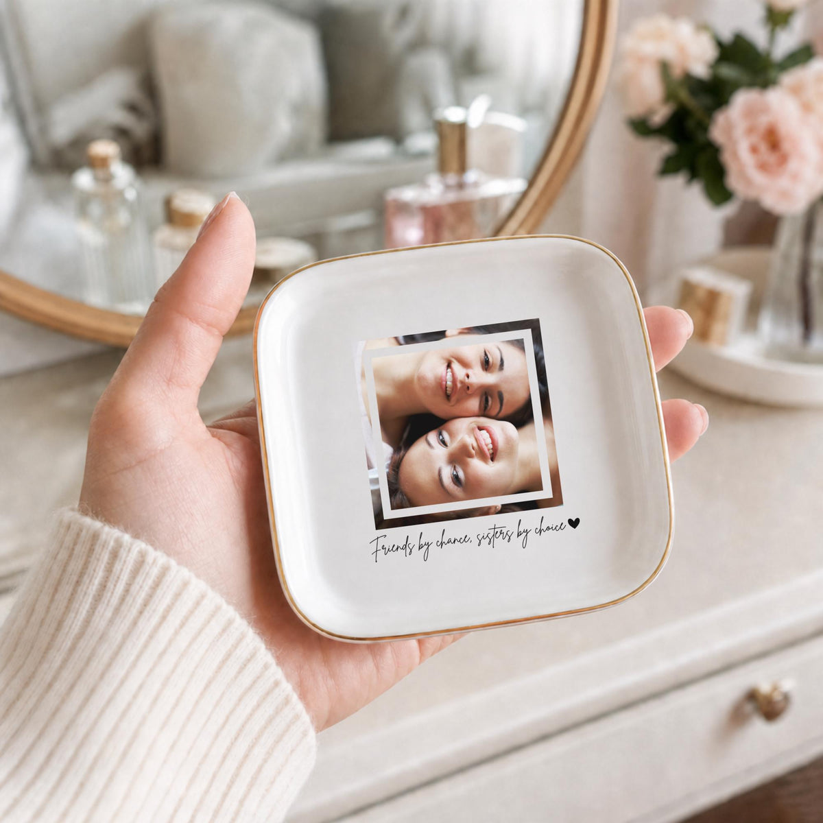 Friends by Chance Sisters by Choice Ring Dish, Custom Photo Trinket Dish, Personalized Best Friend Gift, Gold Rim Jewelry Dish, Soul Sister
