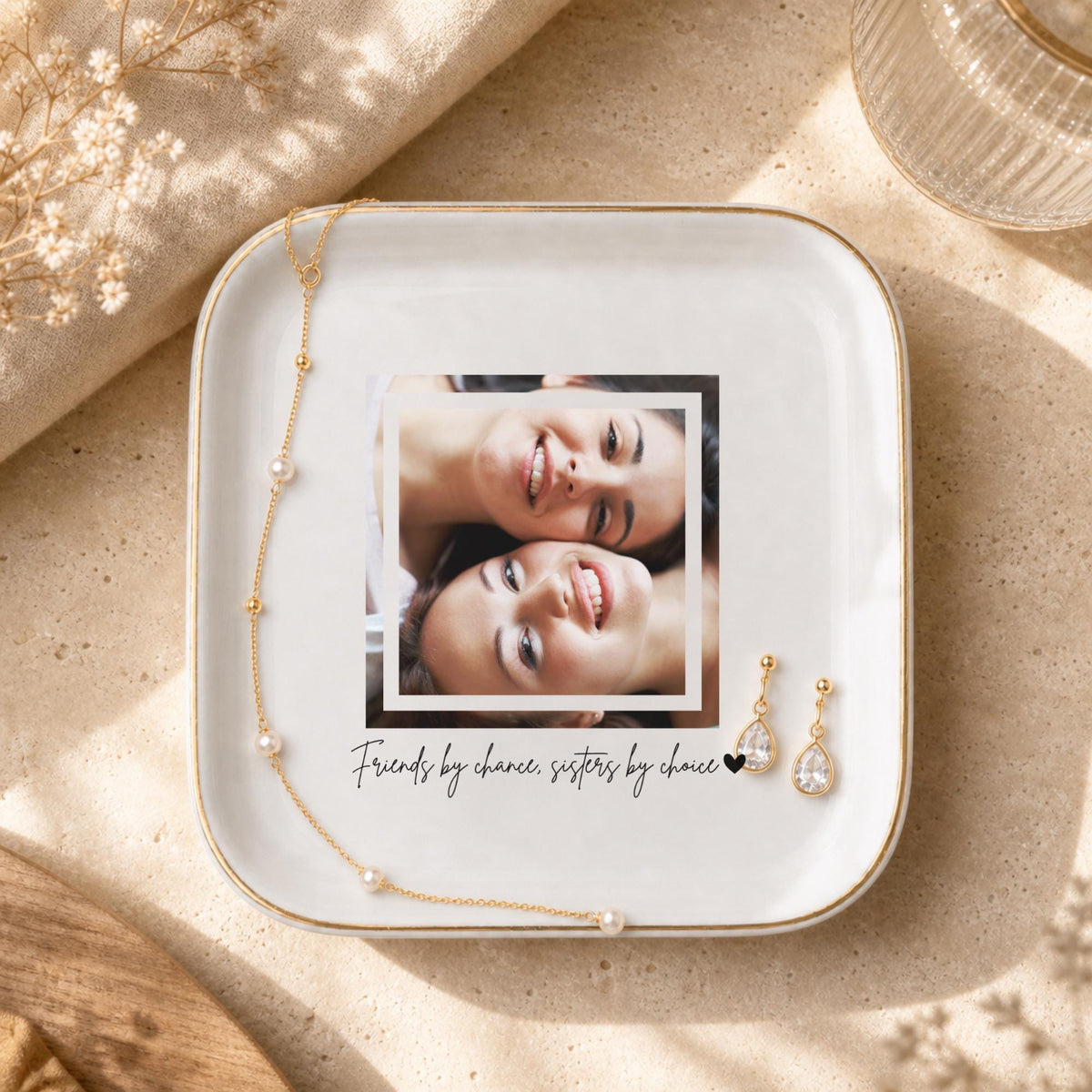 Friends by Chance Sisters by Choice Ring Dish, Custom Photo Trinket Dish, Personalized Best Friend Gift, Gold Rim Jewelry Dish, Soul Sister