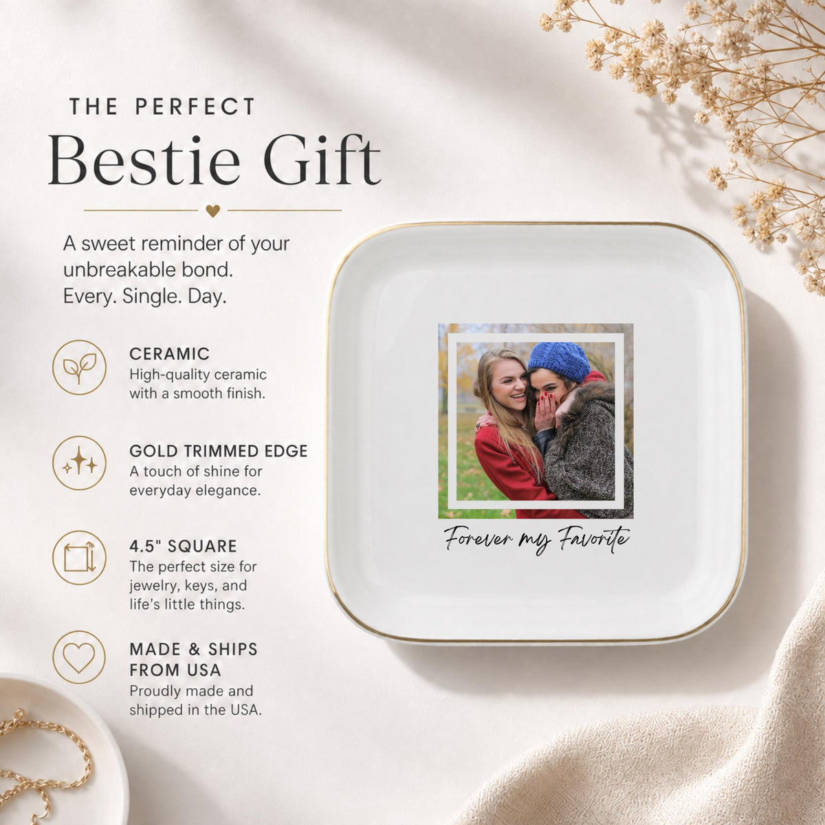 Forever My Favorite Ring Dish, Custom Photo Trinket Dish for Best Friend, Personalized Jewelry Dish, Sentimental BFF Gift, Gold Rim