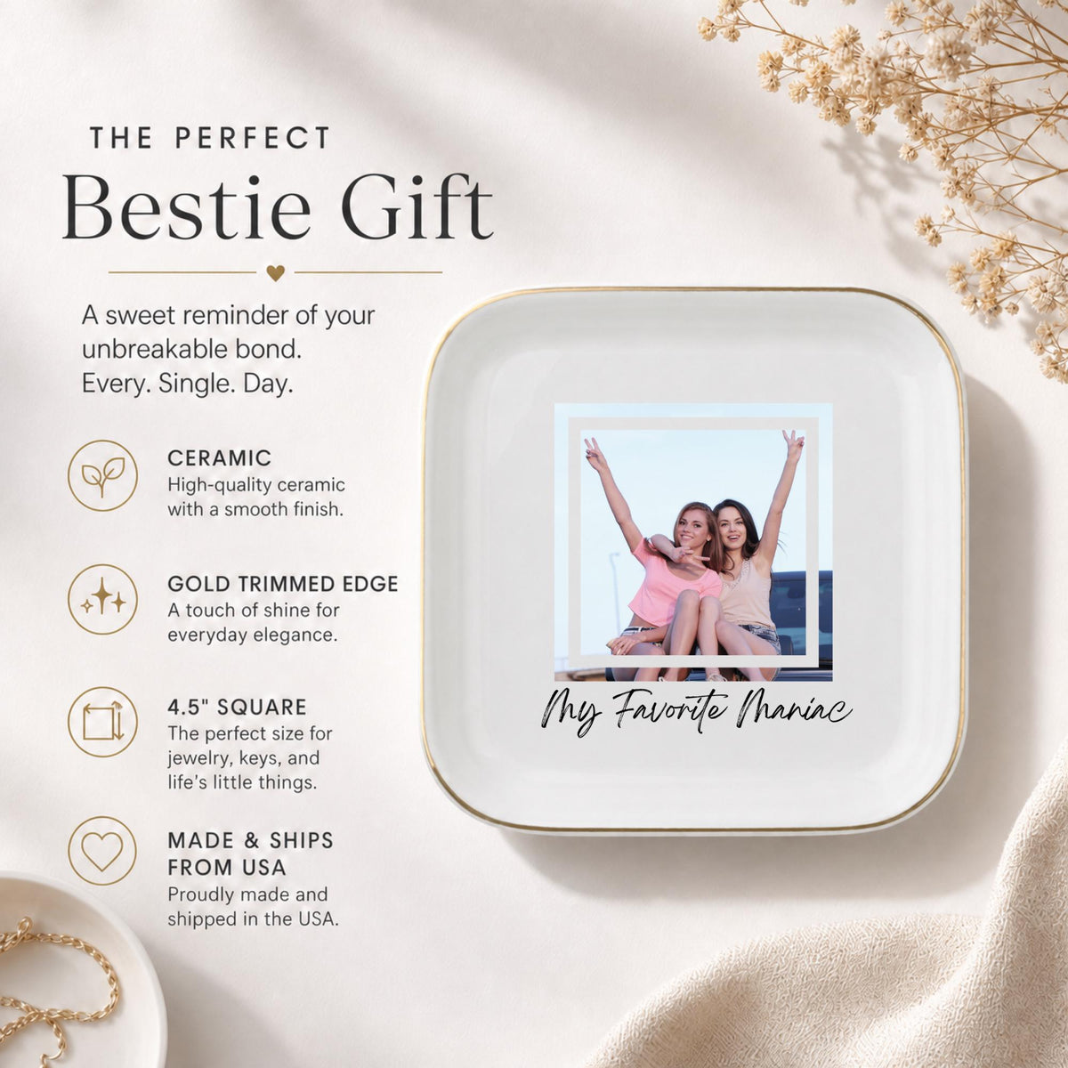 My Favorite Maniac Ring Dish, Funny Custom Photo Trinket Dish, Personalized Best Friend Gift, Gold Rim Jewelry Dish for Bestie Gift