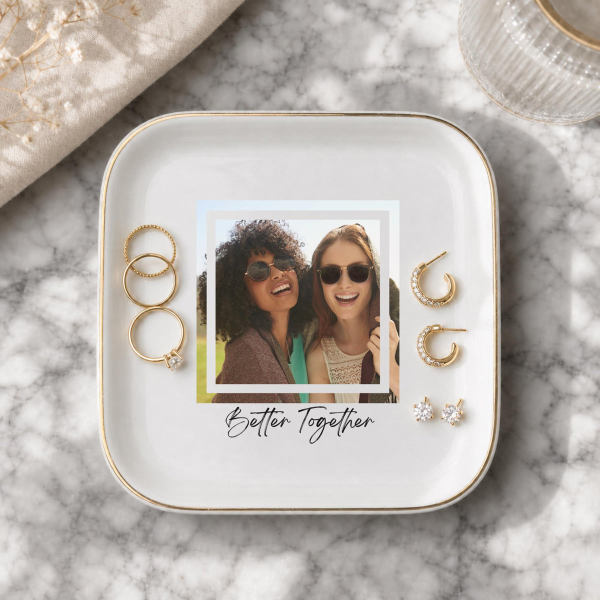 Better Together Ring Dish, Custom Photo Trinket Dish for Best Friends, Personalized Jewelry Dish, Matching BFF Gift, Gold Rim Jewelry Dish