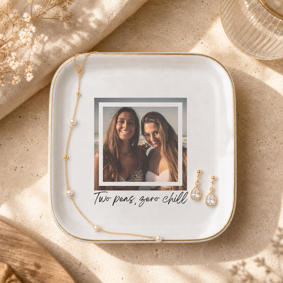 Two Peas Zero Chill Ring Dish, Custom Photo Dish for Best Friend, Personalized BFF Gift, Funny Trinket Dish, Gold Rim Jewelry Dish
