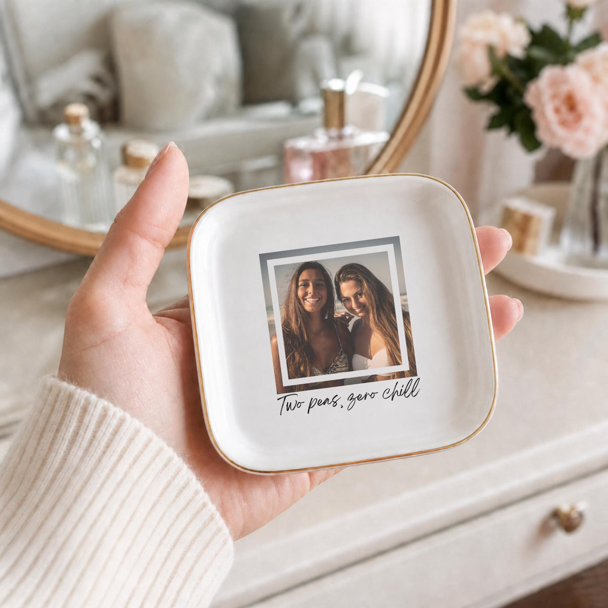 Two Peas Zero Chill Ring Dish, Custom Photo Dish for Best Friend, Personalized BFF Gift, Funny Trinket Dish, Gold Rim Jewelry Dish