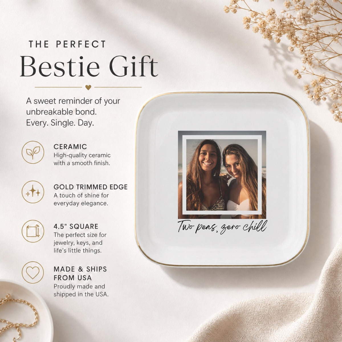 Two Peas Zero Chill Ring Dish, Custom Photo Dish for Best Friend, Personalized BFF Gift, Funny Trinket Dish, Gold Rim Jewelry Dish