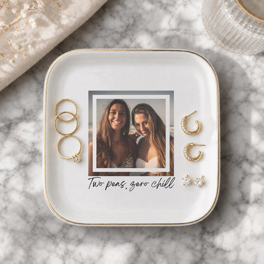 Two Peas Zero Chill Ring Dish, Custom Photo Dish for Best Friend, Personalized BFF Gift, Funny Trinket Dish, Gold Rim Jewelry Dish