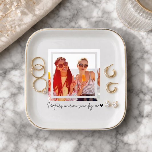 Partners in Crime Since Day One Ring Dish, Custom Photo Trinket Dish for Best Friend, Personalized Jewelry Dish, Gold Rim BFF Gift