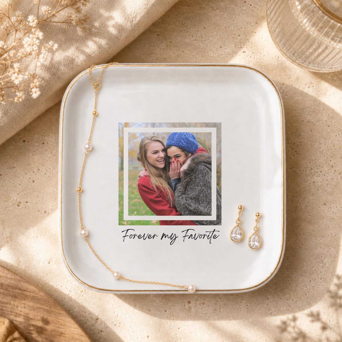 Forever My Favorite Ring Dish, Custom Photo Trinket Dish for Best Friend, Personalized Jewelry Dish, Sentimental BFF Gift, Gold Rim