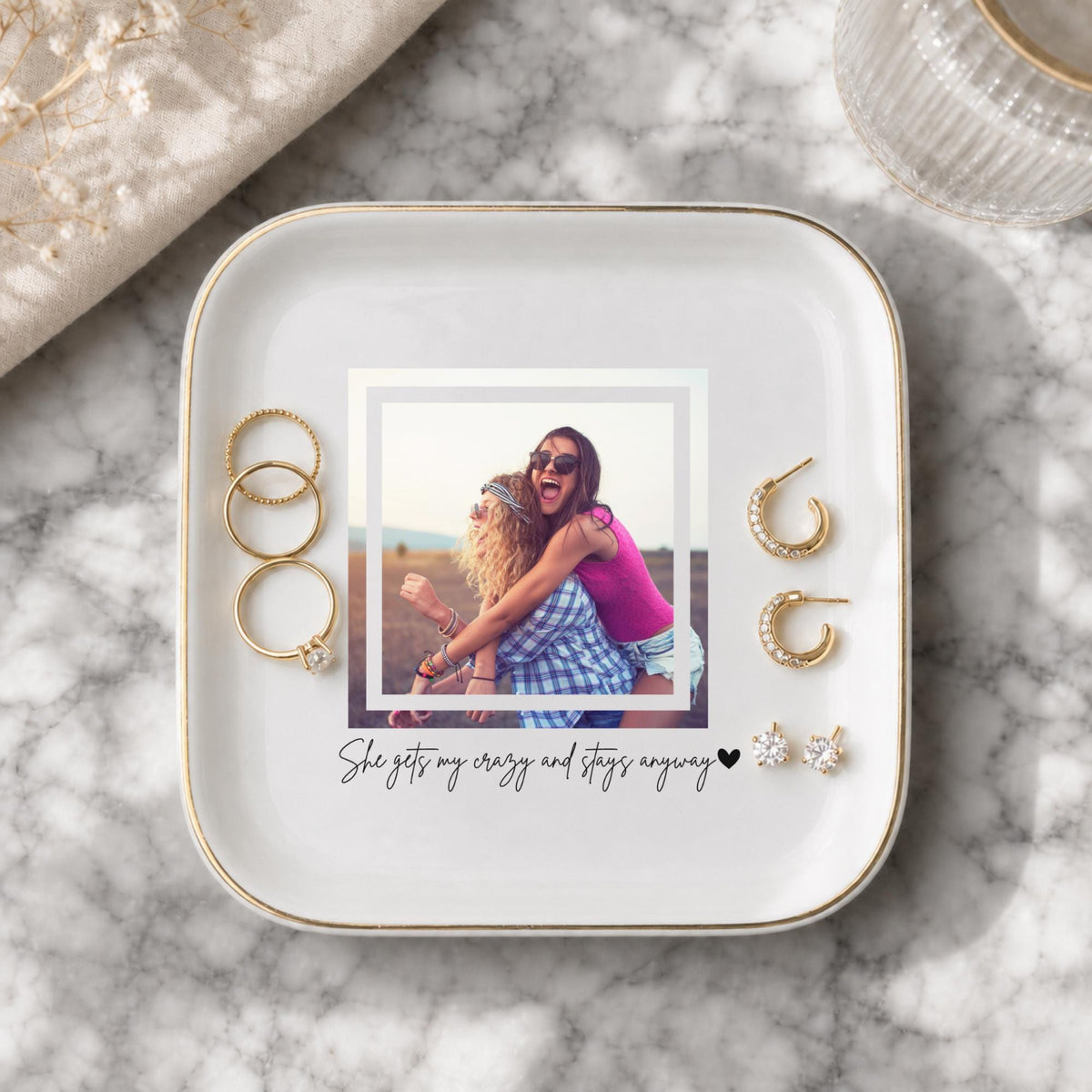 She Gets My Crazy Ring Dish, Funny Custom Photo Best Friend Gift, Personalized BFF Jewelry Dish, Gold Rim Trinket Dish, Soul Sister Gift