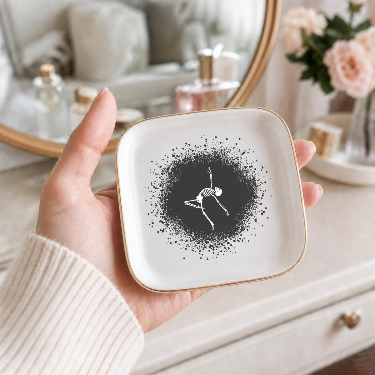 Gothic Dancing Skeleton Jewelry Dish | Halloween Spooky Trinket Tray & Ceramic Ring Holder