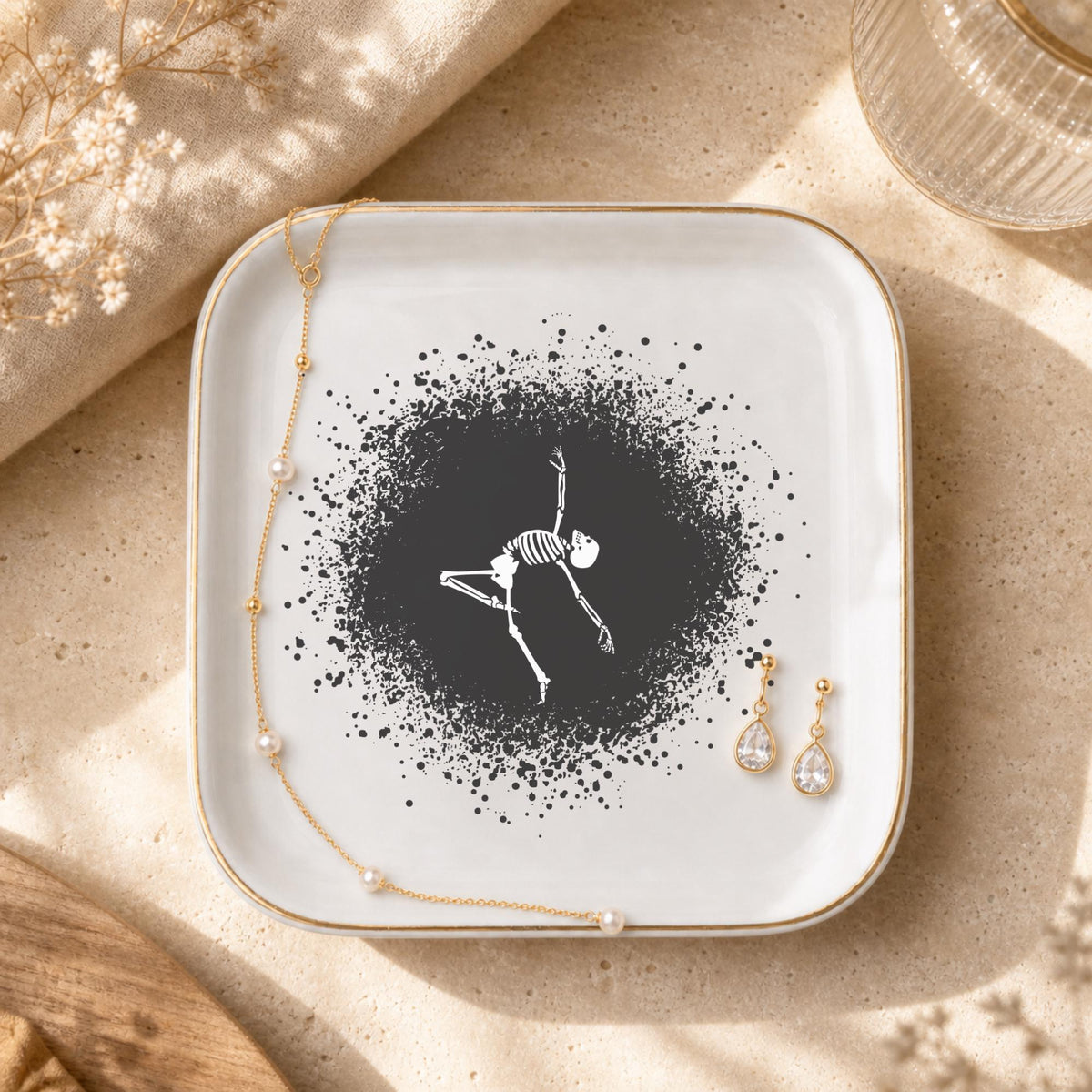 Gothic Dancing Skeleton Jewelry Dish | Halloween Spooky Trinket Tray & Ceramic Ring Holder