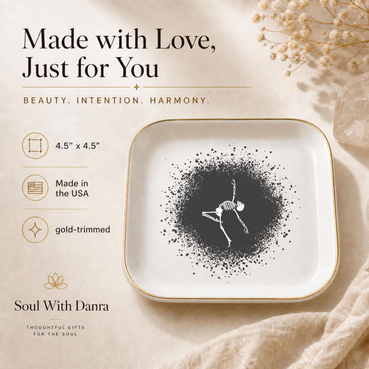 Gothic Dancing Skeleton Jewelry Dish | Halloween Spooky Trinket Tray & Ceramic Ring Holder