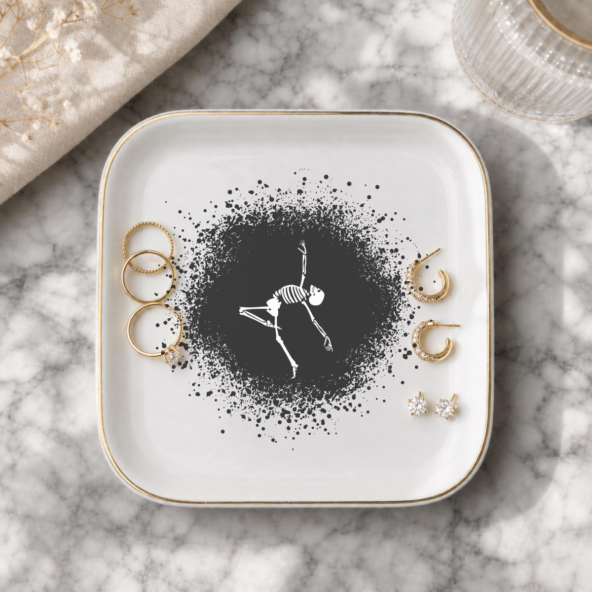 Gothic Dancing Skeleton Jewelry Dish | Halloween Spooky Trinket Tray & Ceramic Ring Holder