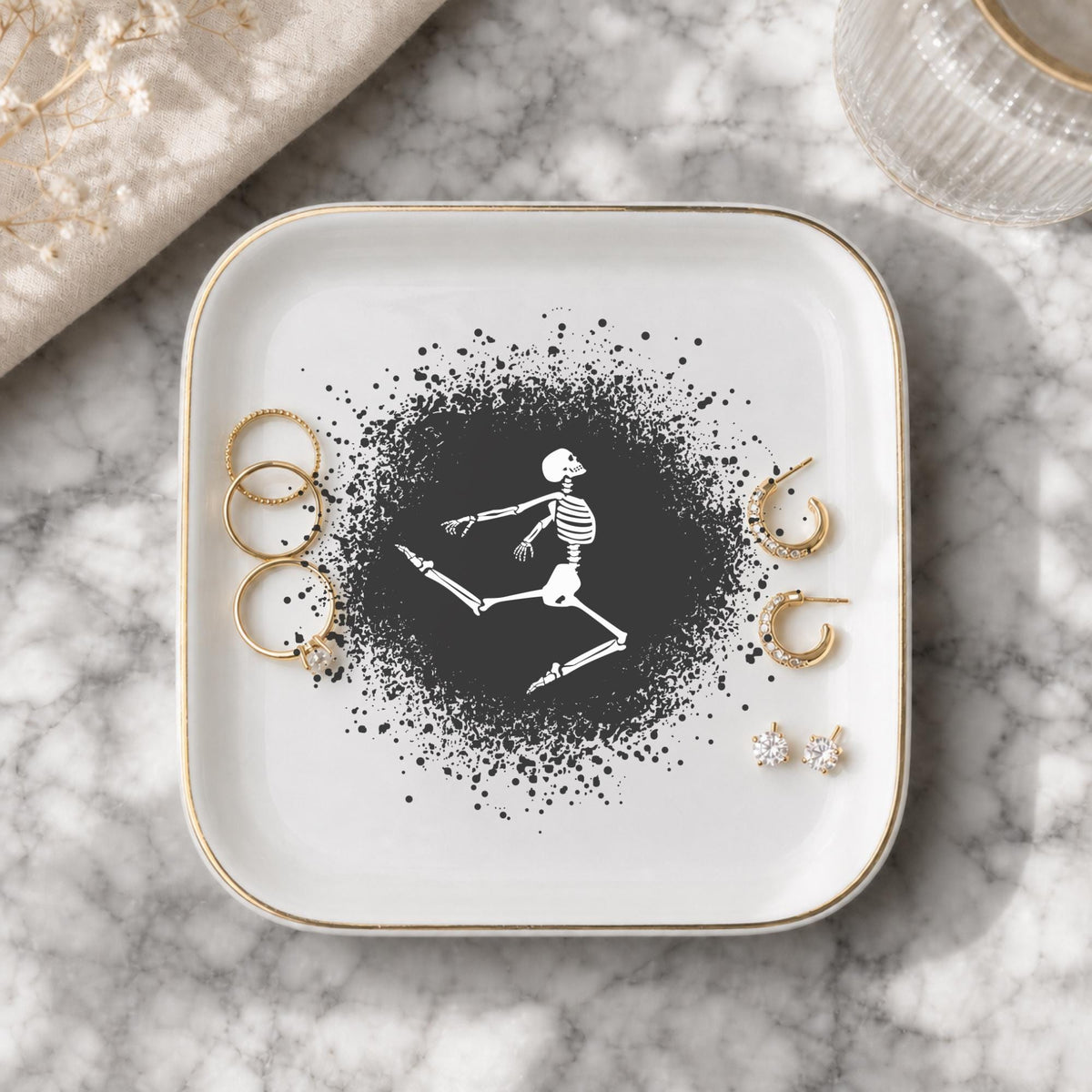 Gothic Dancing Skeleton Jewelry Dish | Halloween Spooky Trinket Tray & Ceramic Ring Holder