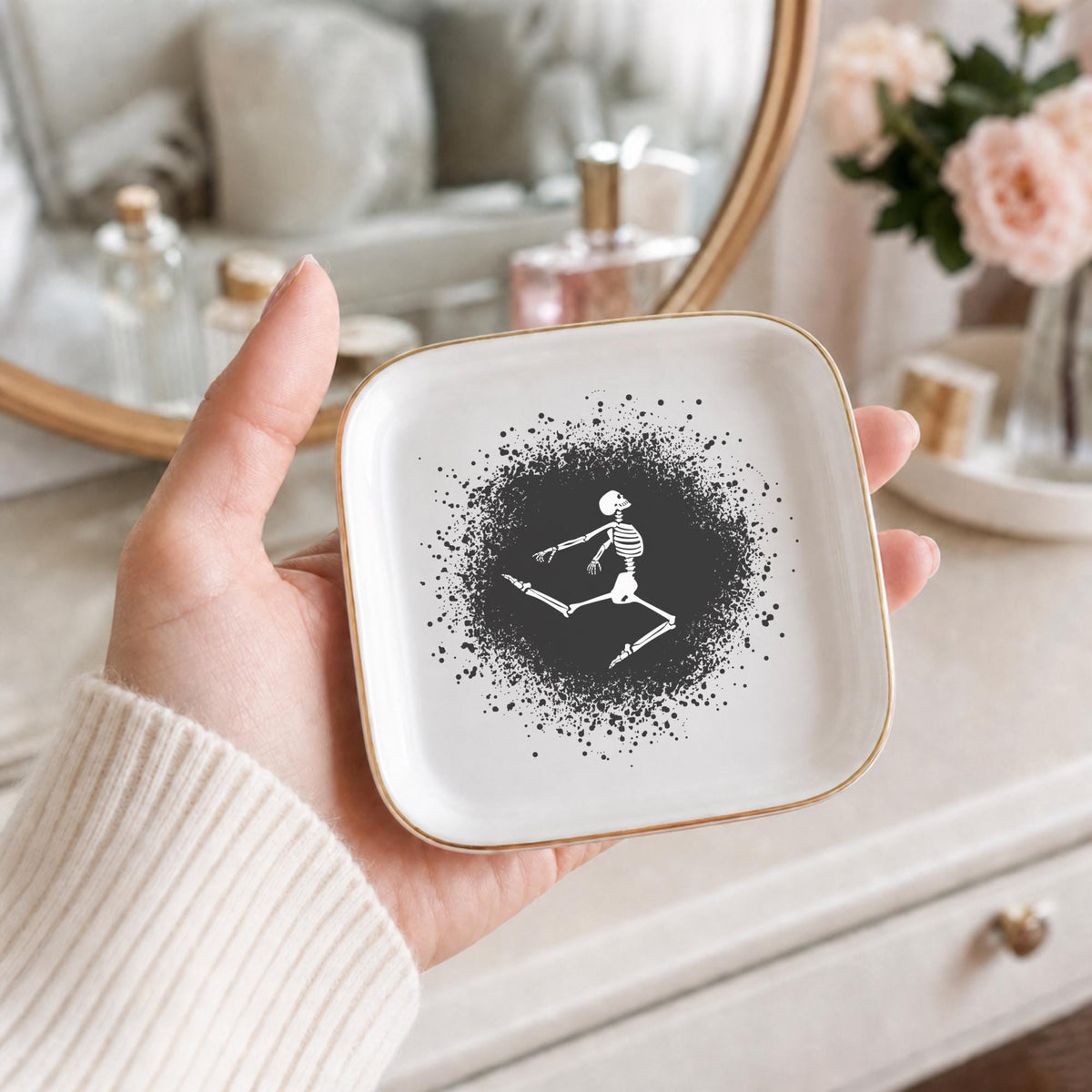 Gothic Dancing Skeleton Jewelry Dish | Halloween Spooky Trinket Tray & Ceramic Ring Holder
